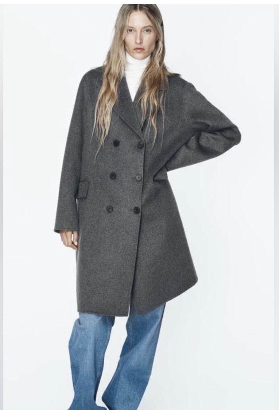 Zara Gray Oversized Double Breasted Wool Blend Midi Coat Women’s M Preppy Euro